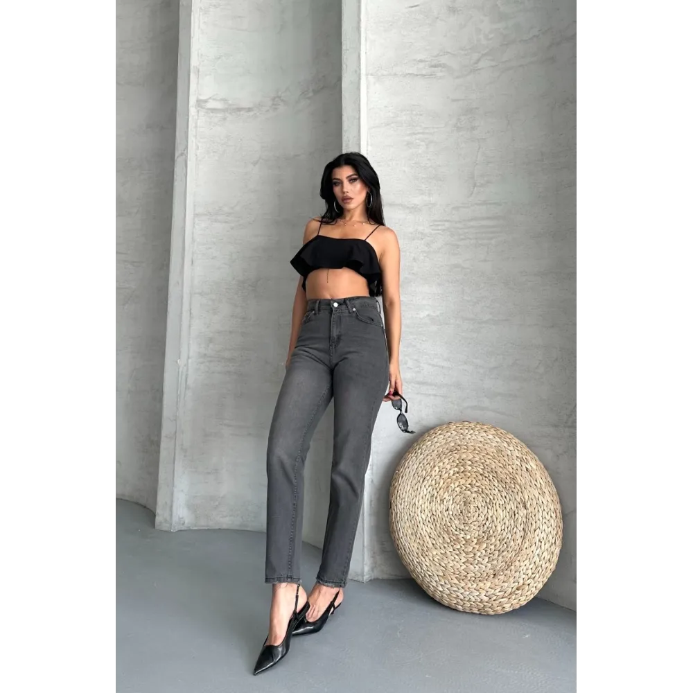 Mom Fit Enzim Taş Yıkama Jeans Pantolon Füme D2006 (Beden: 34)