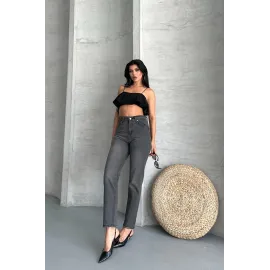 Mom Fit Enzim Taş Yıkama Jeans Pantolon Füme D2006 (Beden: 40)