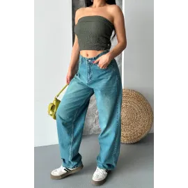 Baggy Taş Enzim Bıyık Yıkama Jeans Pantolon Yeşil Tint D2007 (Beden: 40)