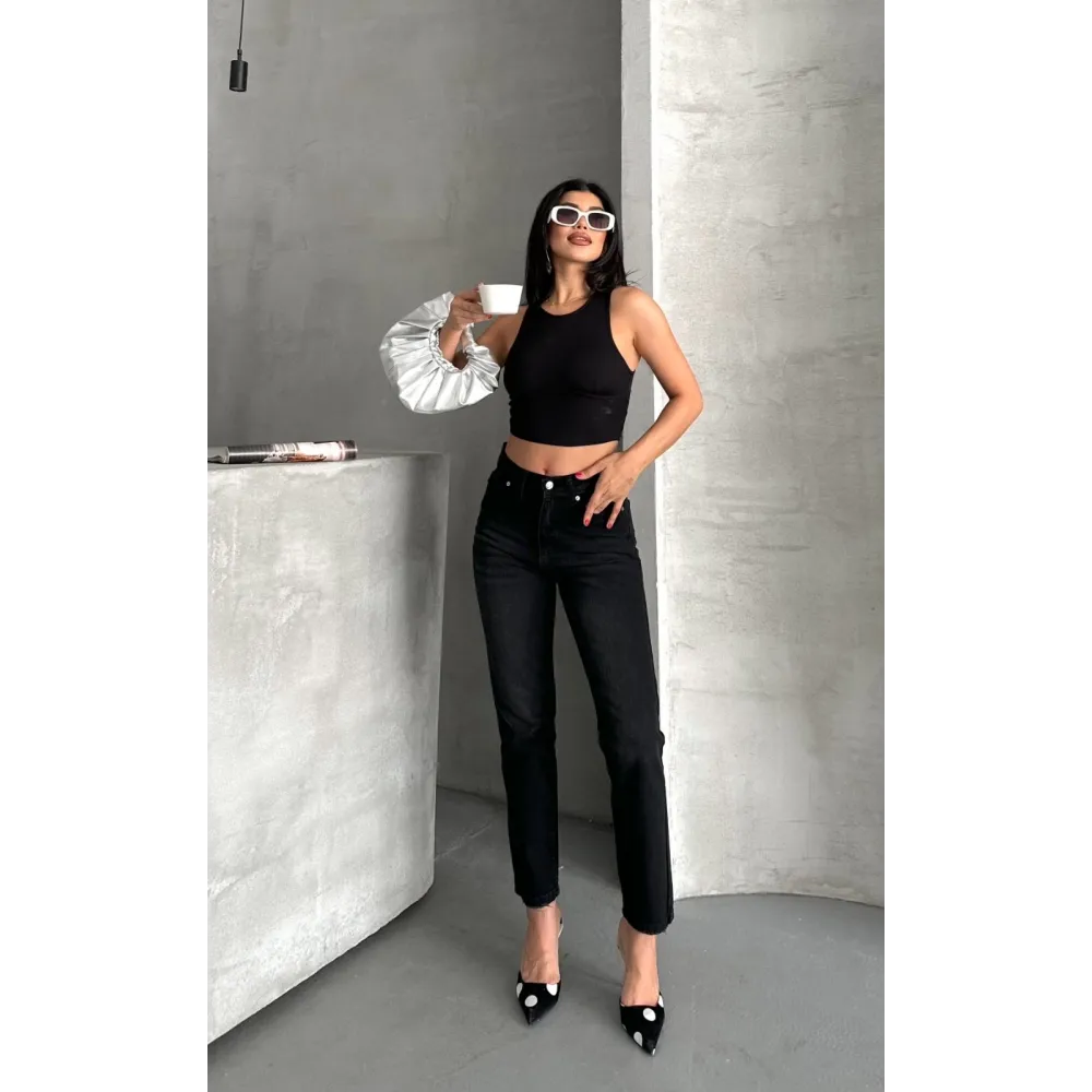 Mom Fit Enzim Bıyıklı Taş Yıkama Jeans Pantolon Siyah D2006 (Beden: 34)