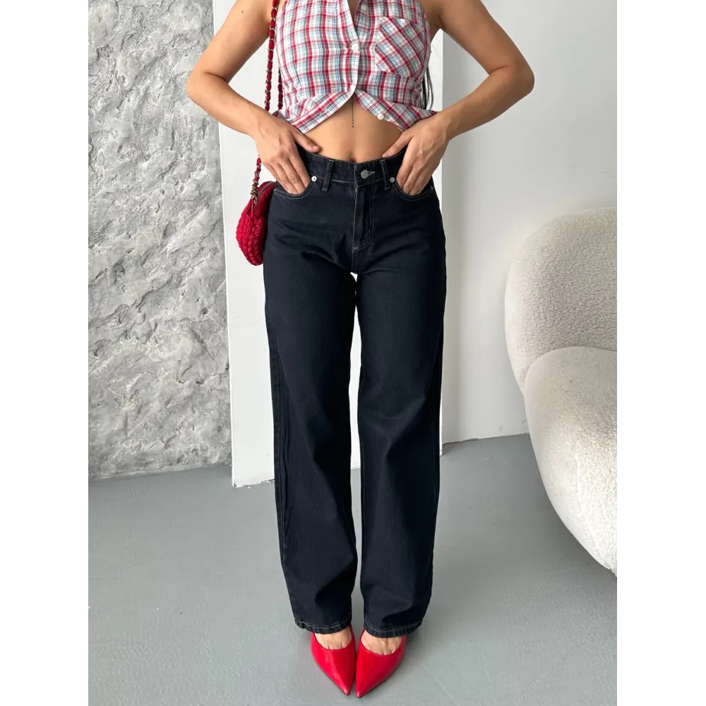 Palazzo Süper Taş Enzim Tint Yıkama Koyu Lacivert Jeans Pantolon D2008 (Beden: 42)