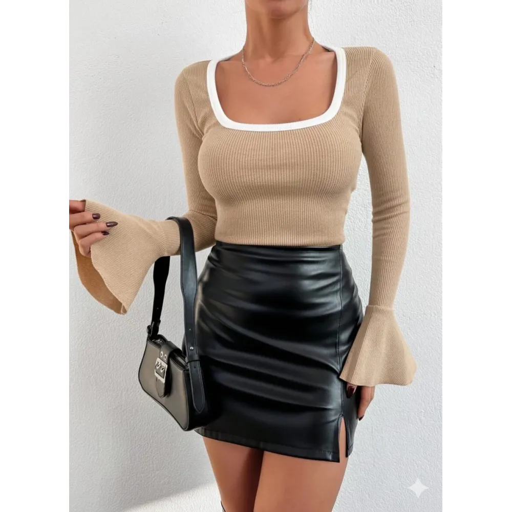 Kare Yaka Garni Detay İspanyol Kol Bluz Bej A3105 (Beden: L)