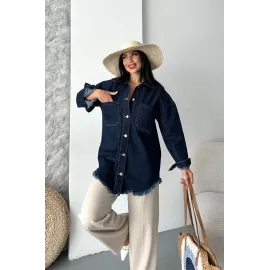 Cepli Püsküllü Kar Yıkama Kot Ceket Koyu Mavi D2515 (Beden: S)