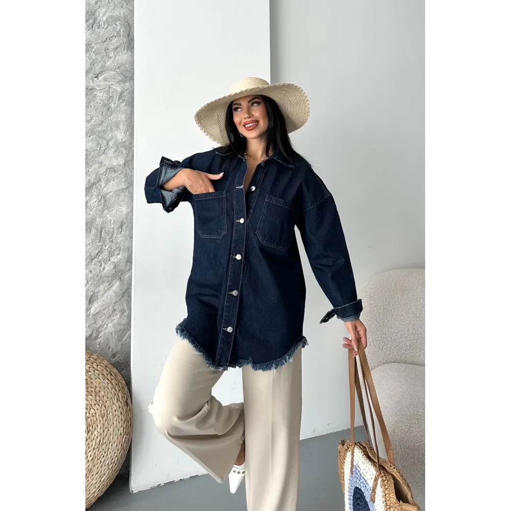 Cepli Püsküllü Kar Yıkama Kot Ceket Koyu Mavi D2515 (Beden: L)