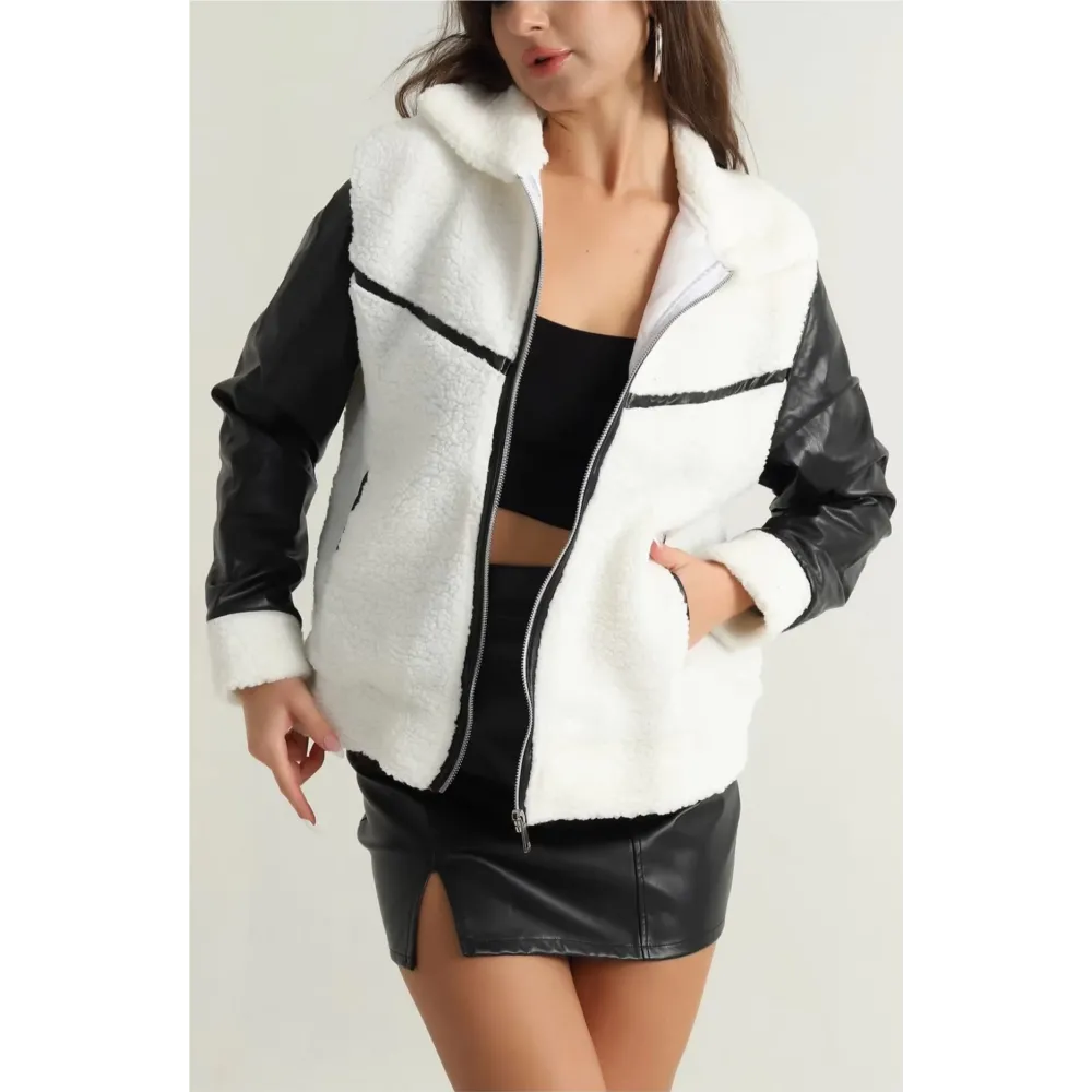 Deri Garnili Kuzu Peluş Mont Beyaz T1220 (Beden: M)