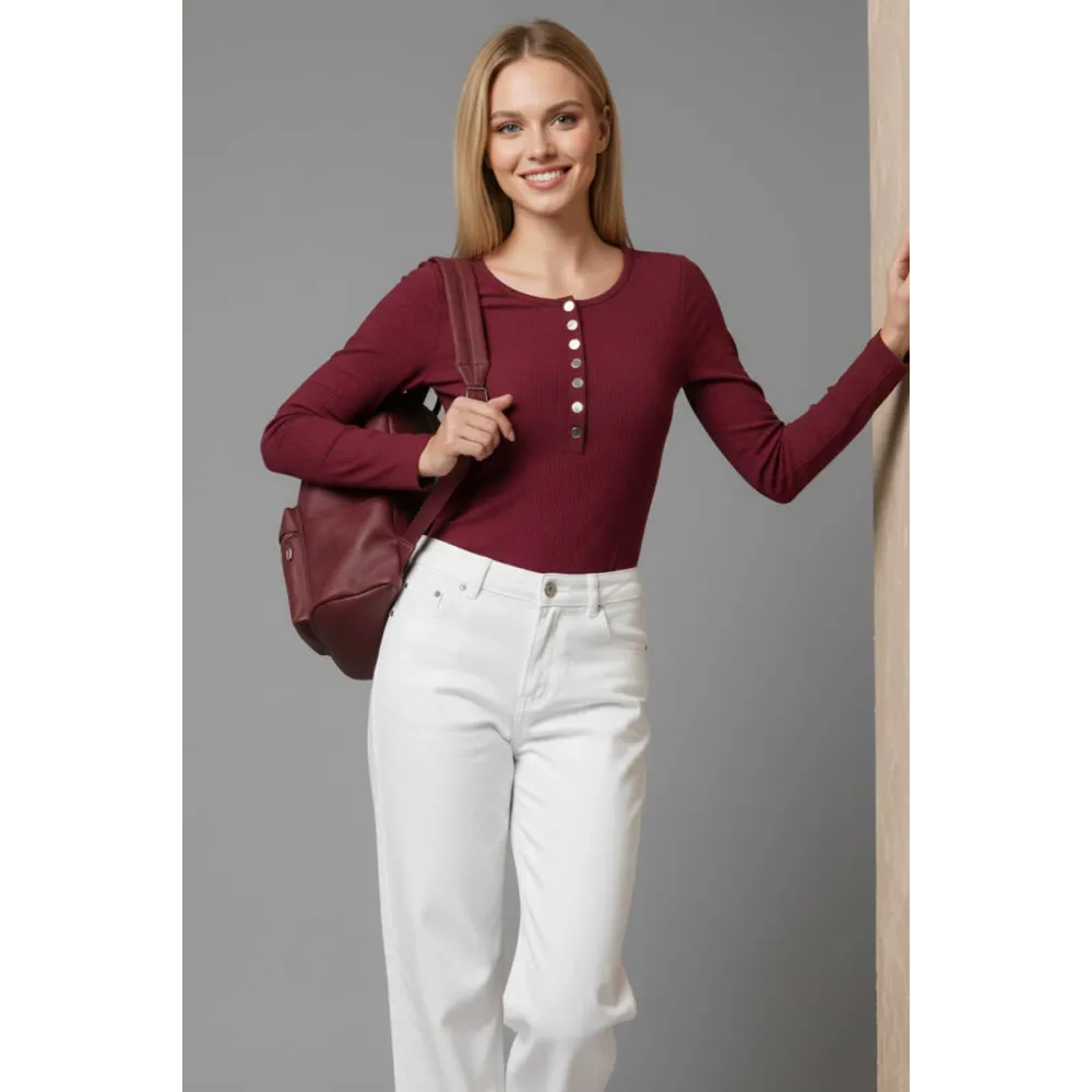 Çıtçıt Detaylı Bluz Bordo T4343 (Beden: L)