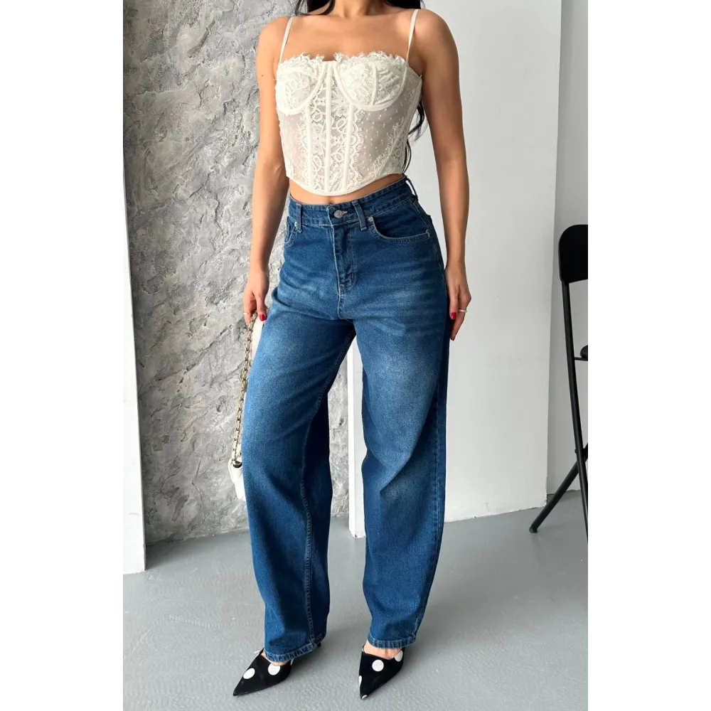 Baggy Süper Taş Bıyık Yıkama Koyu Mavi Jeans Pantolon D2007 (Beden: 34)
