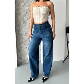 Baggy Süper Taş Bıyık Yıkama Koyu Mavi Jeans Pantolon D2007 (Beden: 42)