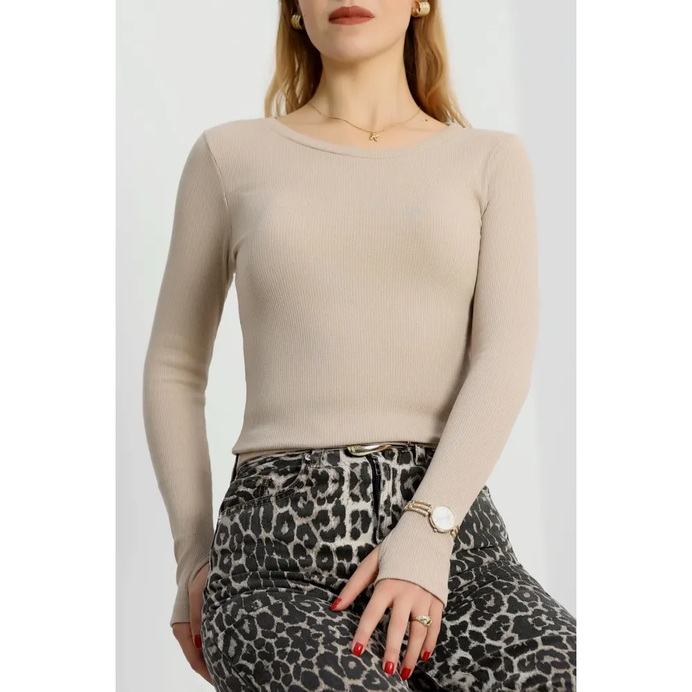 Bisiklet Yaka Parmak Geçmeli Kaşkorse Bluz Bej A3829 (Beden: M)