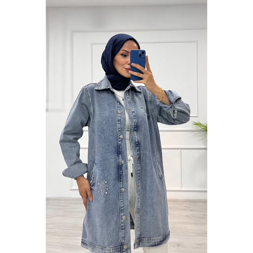 Taşlı Tunik Ceket Kar Yıkama Orta Mavi D2516 (Beden: L/Xl)