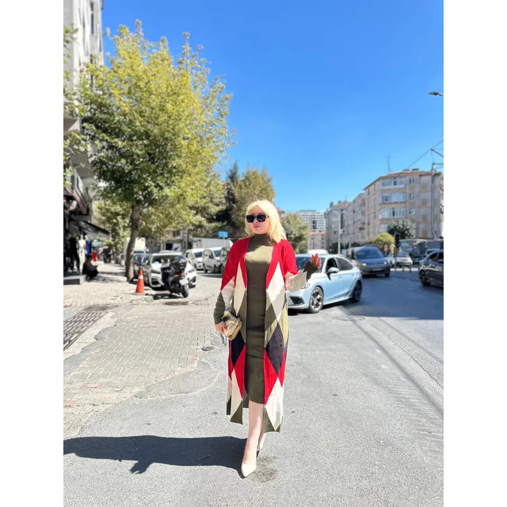 Uzun Hırka İçi Elbise İkili Triko Takım Ekose Baklava Desen Haki Kırmızı (Beden: Standart)