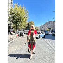 Uzun Hırka İçi Elbise İkili Triko Takım Ekose Baklava Desen Haki Kırmızı (Beden: Standart)