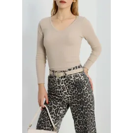 V Yaka Kaşkorse Bluz Bej A3699 (Beden: S)