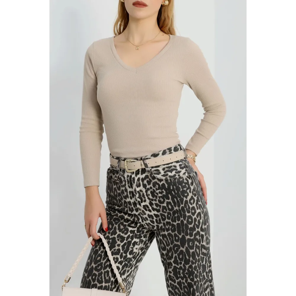 V Yaka Kaşkorse Bluz Bej A3699 (Beden: M)