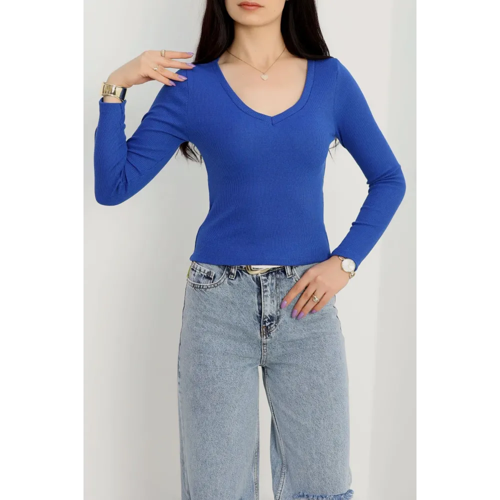 V Yaka Kaşkorse Bluz Saks Mavisi A3699 (Beden: L)