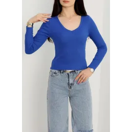 V Yaka Kaşkorse Bluz Saks Mavisi A3699 (Beden: L)