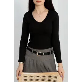 V Yaka Kaşkorse Bluz Siyah A3699 (Beden: S)