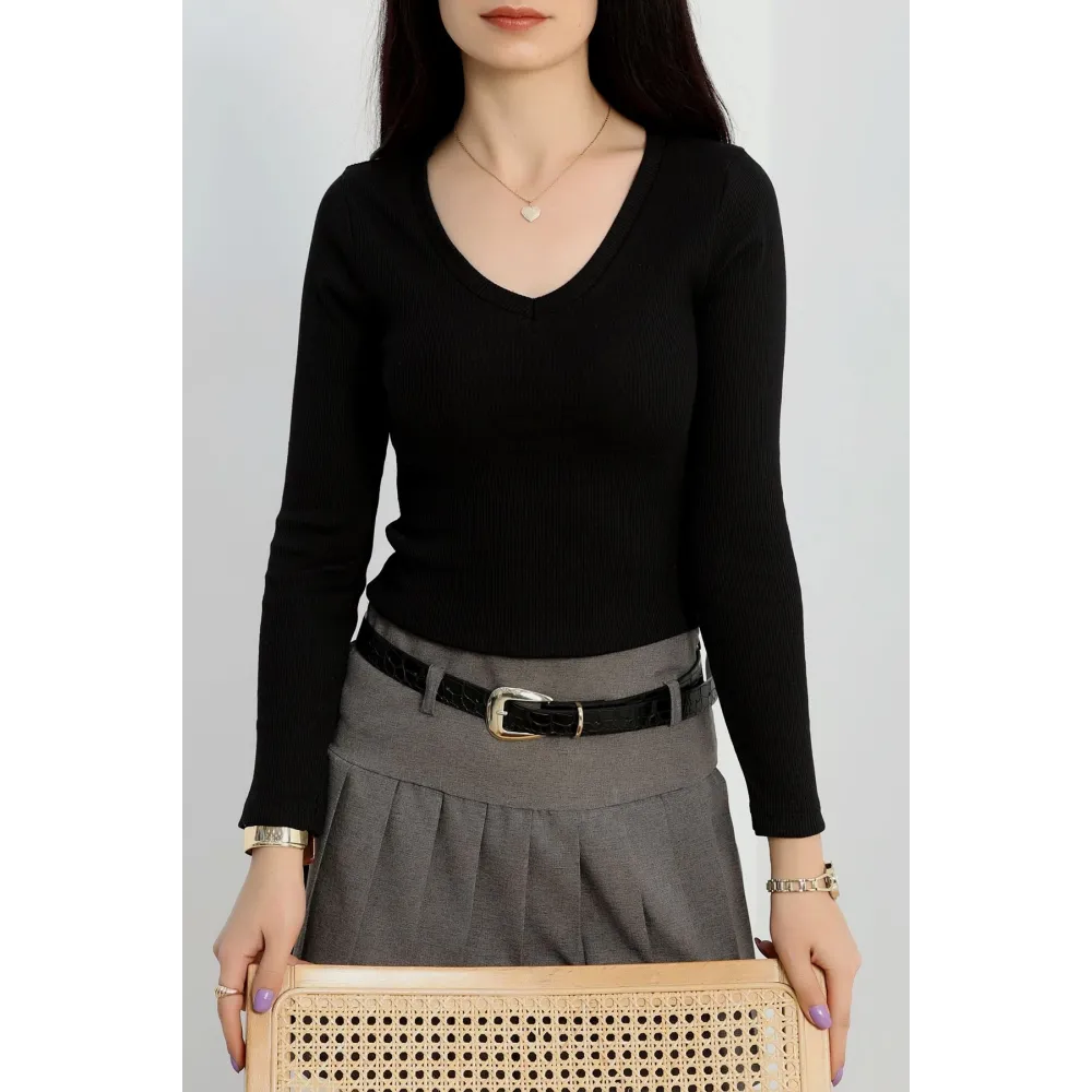 V Yaka Kaşkorse Bluz Siyah A3699 (Beden: L)