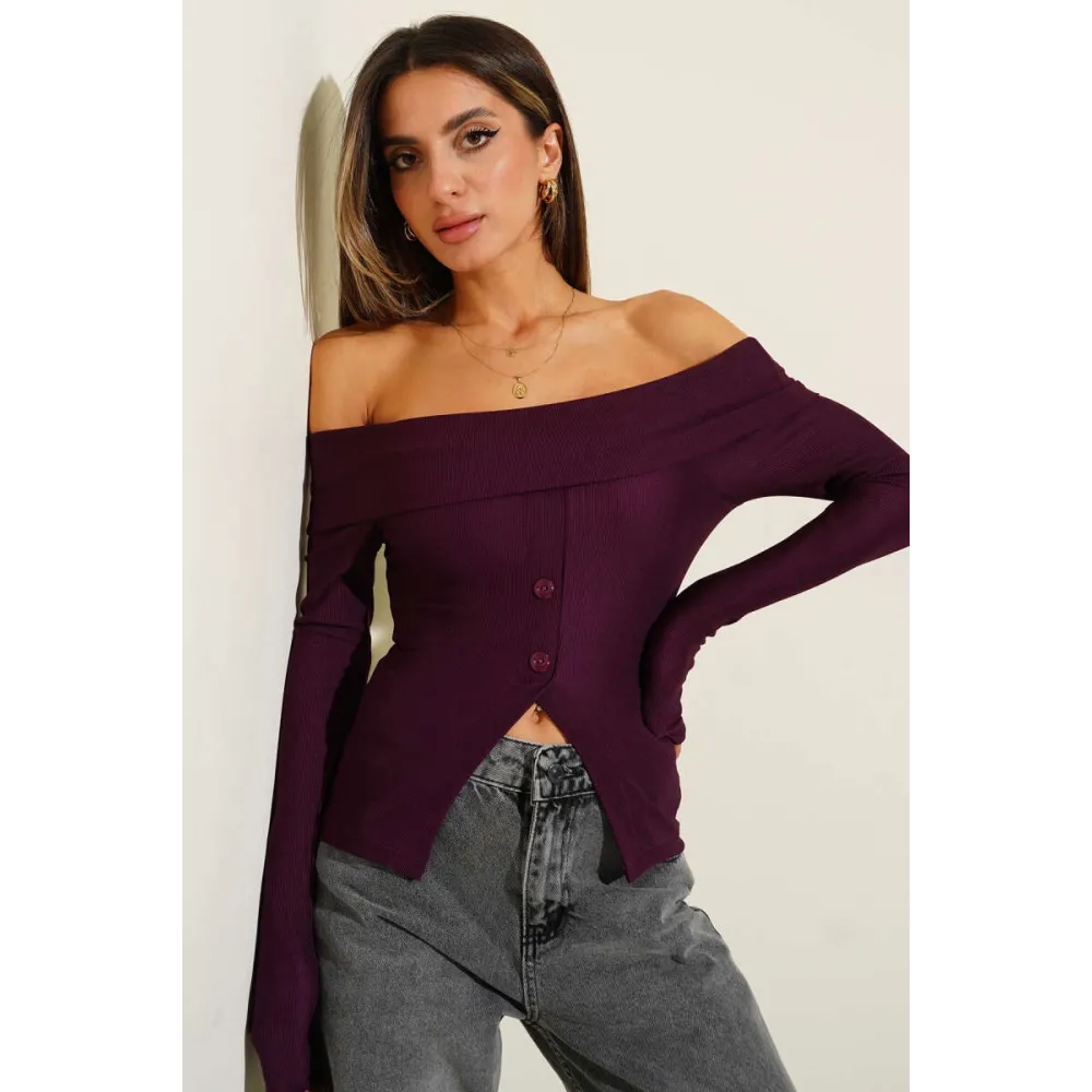 Madonna Yaka Düğmeli Bluz Mürdüm T4329 (Beden: Xl)