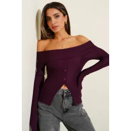 Madonna Yaka Düğmeli Bluz Mürdüm T4329 (Beden: Xl)