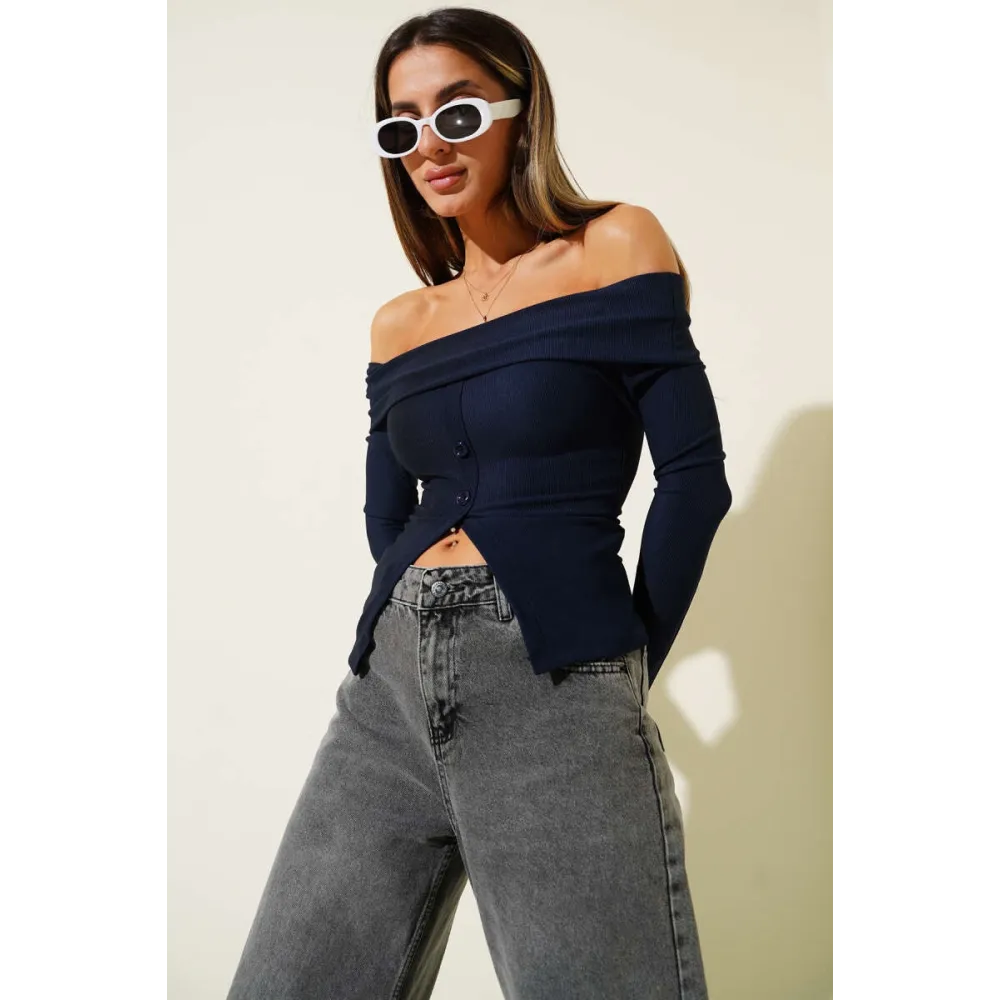 Madonna Yaka Düğmeli Bluz Lacivert T4329 (Beden: Xl)