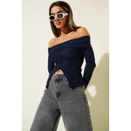 Madonna Yaka Düğmeli Bluz Lacivert T4329 (Beden: Xl)