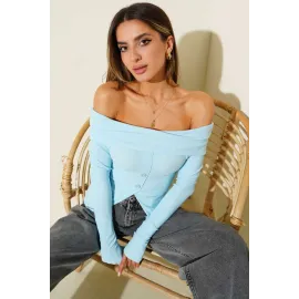 Madonna Yaka Düğmeli Bluz Mavi T4329 (Beden: M)