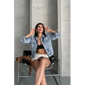 Çift Cepli Kol Katlamalı Kar Yıkama Crop Kot Ceket Buz Mavi D2000 (Beden: M)