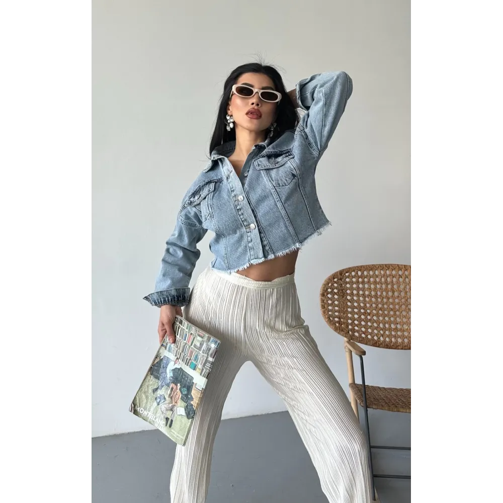 Çift Kapaklı Püsküllü Crop Buz Mavi D2002 (Beden: L)