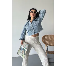 Çift Kapaklı Püsküllü Crop Buz Mavi D2002 (Beden: L)