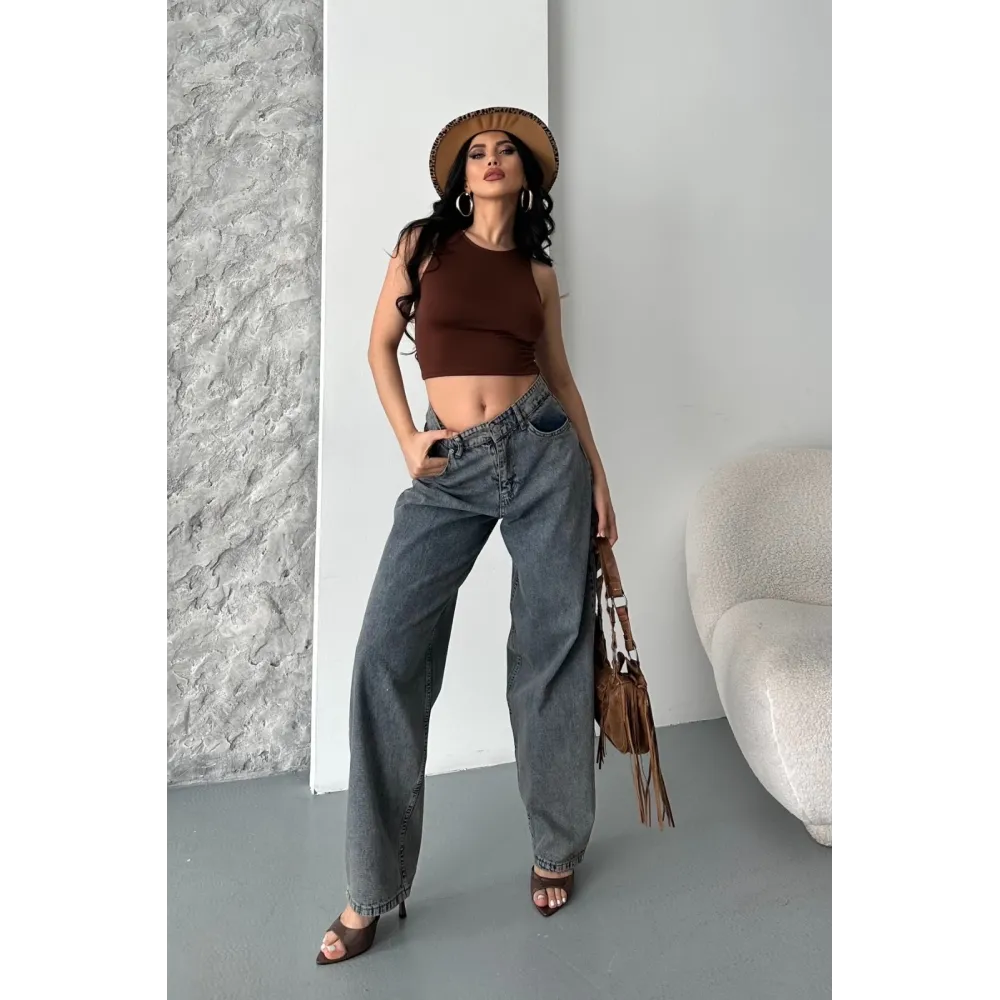 Baggy Kar Yıkama Eskitme Kahve Jeans Pantolon D2007 (Beden: 42)