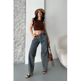 Baggy Kar Yıkama Eskitme Kahve Jeans Pantolon D2007 (Beden: 42)