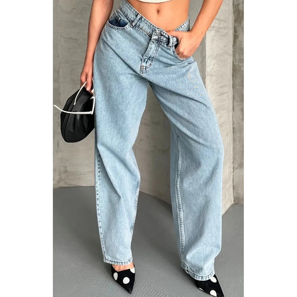 Baggy Kar Yıkama Buz Mavi Jeans Pantolon D2007 (Beden: 44)