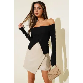 Madonna Yaka Düğmeli Bluz Siyah T4329 (Beden: L)