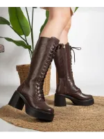 Guay Kahverengi Cilt Bağcıklı Topuklu Çizme (Numara: 38)