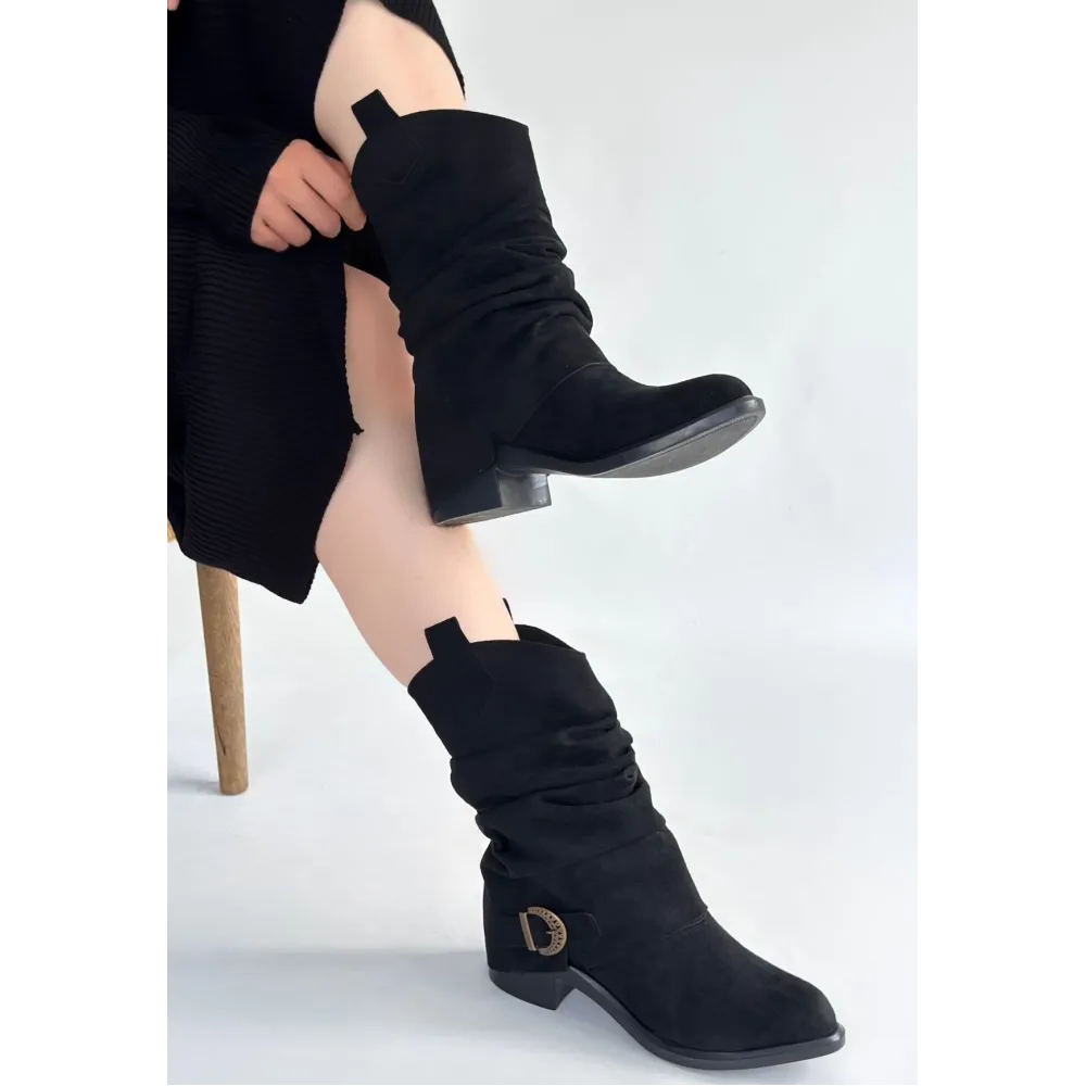 Canty Siyah Süet Körüklü Topuklu Çizme (Numara: 40)