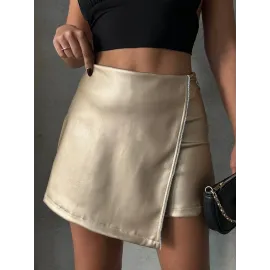 Taşlı Şort Etek Deri Gold H240018 (Beden: S)