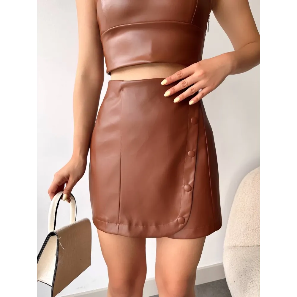 Beş Düğmeli Oval Deri Etek Kahve H240068 (Beden: M)