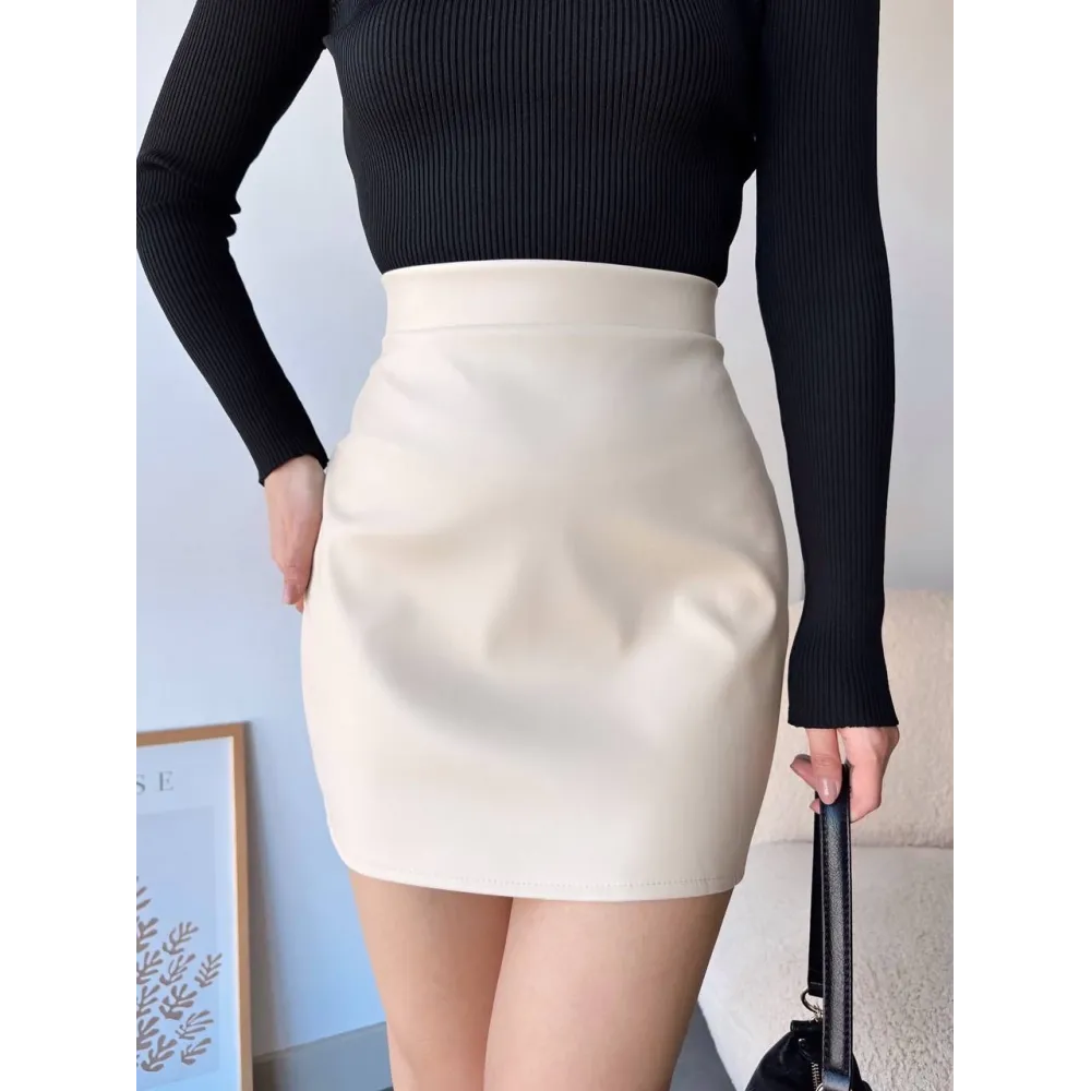 Düz Deri Etek Bej H24468 (Beden: M)