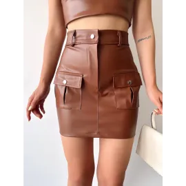 Önden İki Cepli Deri Etek Kahve H240040 (Beden: S)