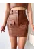 Önden İki Cepli Deri Etek Kahve H240040 (Beden: S)