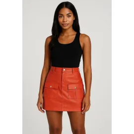 Önden İki Cepli Deri Etek Turuncu H240040 (Beden: L)