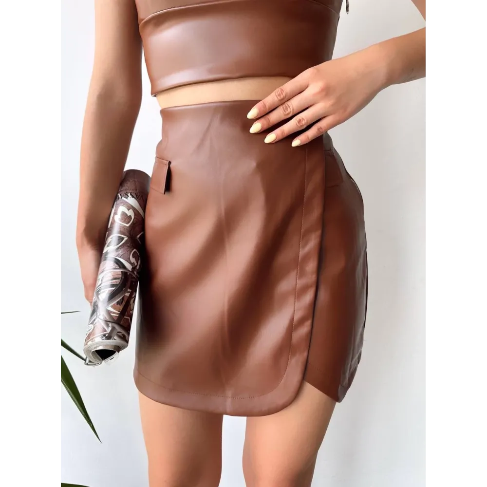 Cep Detaylı Oval Kapaklı Deri Etek Kahve H240048 (Beden: M)