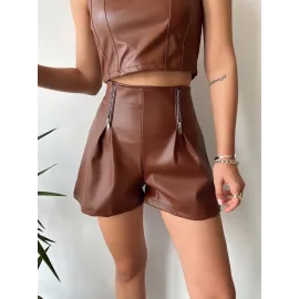 Çift Fermuarlı Deri Şort Kahve H24394 (Beden: L)