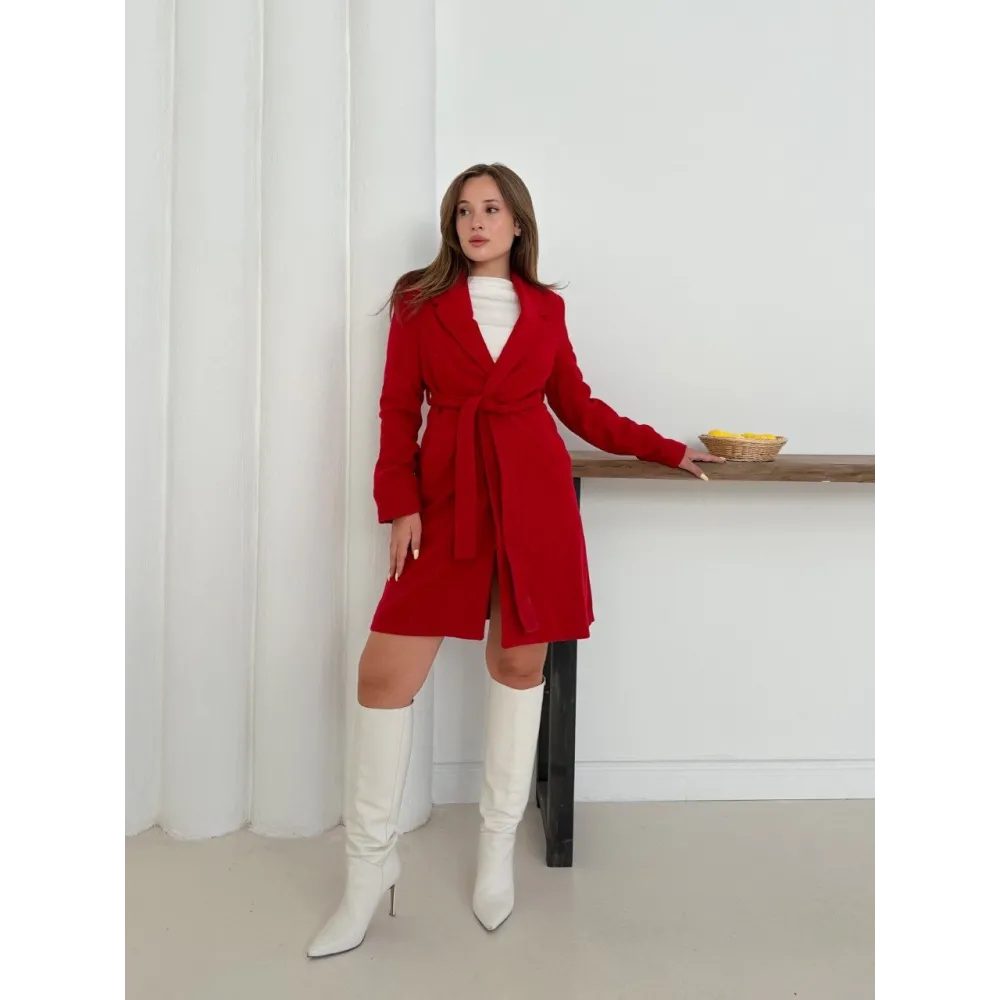 Cepli Kuşaklı Kaşe Kaban Kırmızı St26458 (Beden: M)