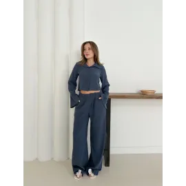 Gömlek Yaka Kaplama Düğmeli Takım Lacivert St265866 (Beden: L)