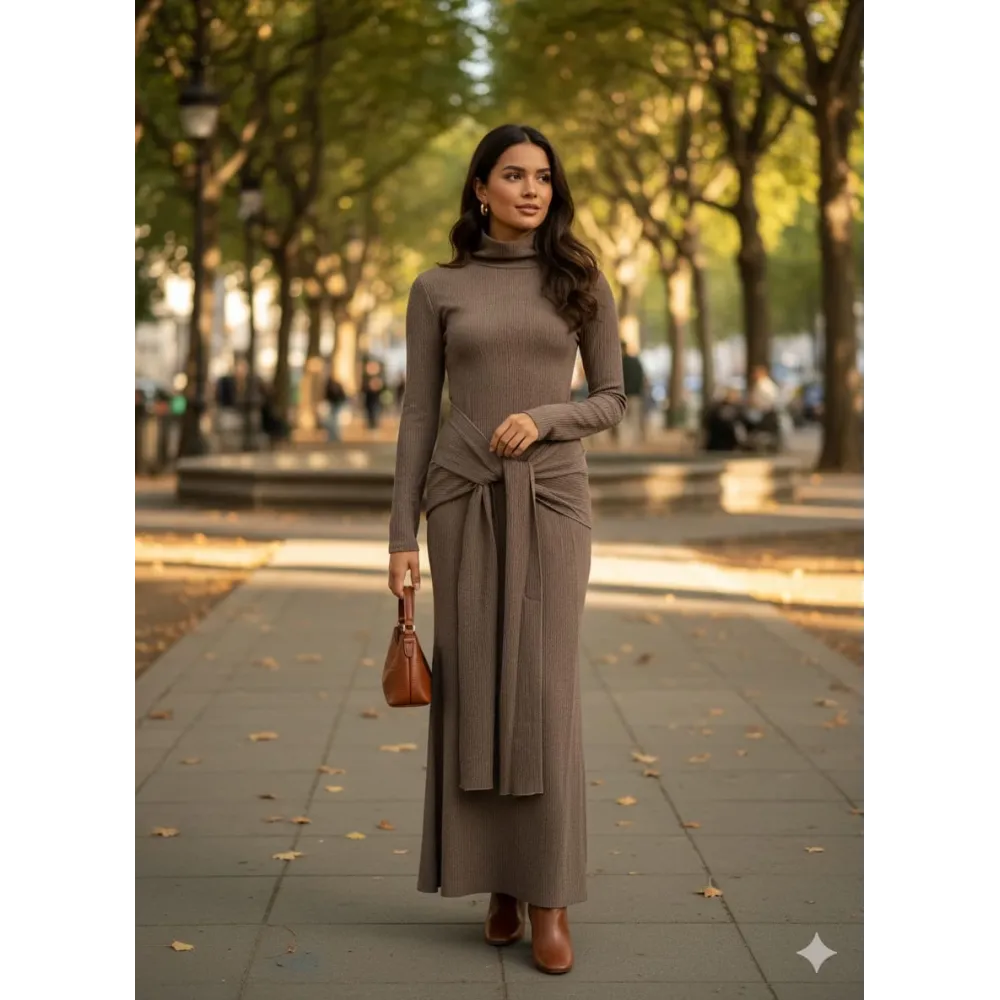 Kendinden Kemerli Uzun Elbise Vizon (Beden: S)