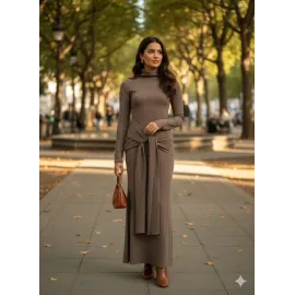 Kendinden Kemerli Uzun Elbise Vizon (Beden: S)