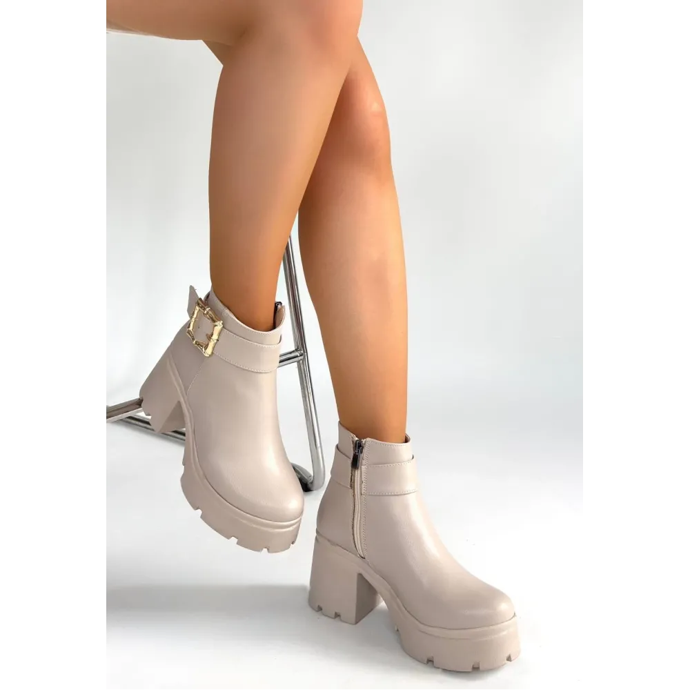 Pinma Bej Cilt Topuklu Bot (Numara: 37)