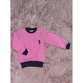 1-7 Yaş Armalı Bisiklet Yaka Lacivert Biyeli Sweatshirt Pembe (Beden: 5)